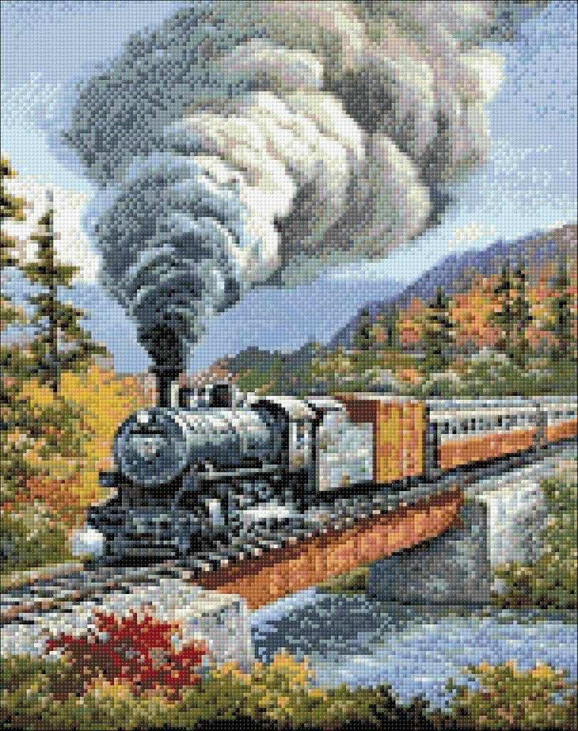 Train Crossing WD098 Diamond Painting Kit featuring a high-quality self-adhesive canvas, tools, and pre-sorted square acrylic diamonds.